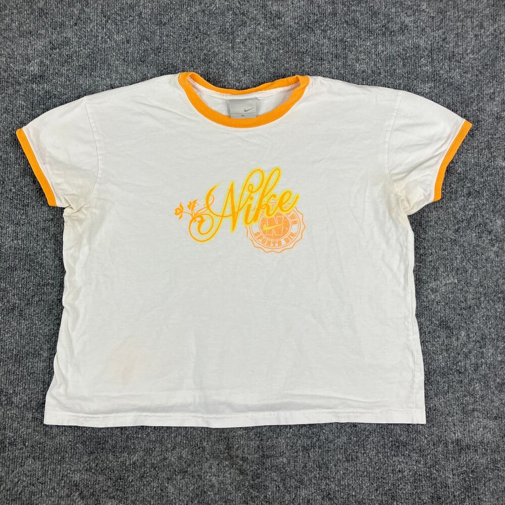 Nike Ringer T-Shirt‎ Womens Size XL White Orange Logo Graphic Casual Retro